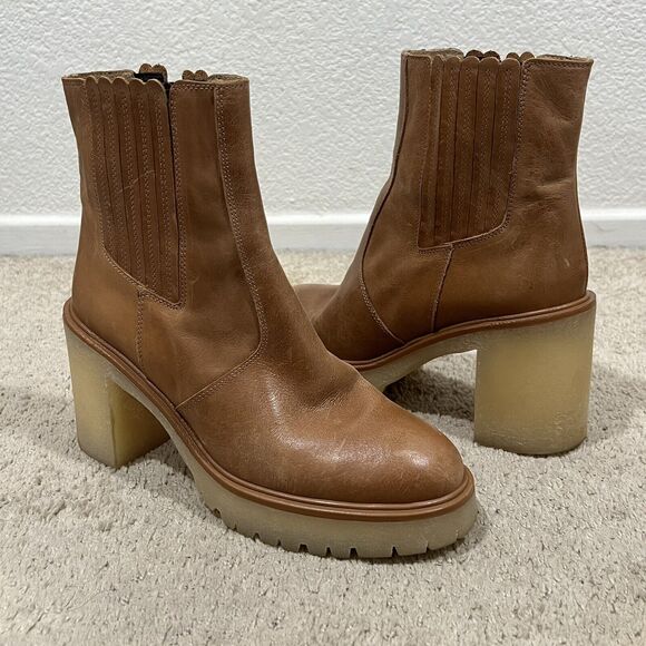 Free People James Chelsea Tan Leather Boot, Lugg Platform Sole Zip 40/10 Boho - Picture 5 of 9